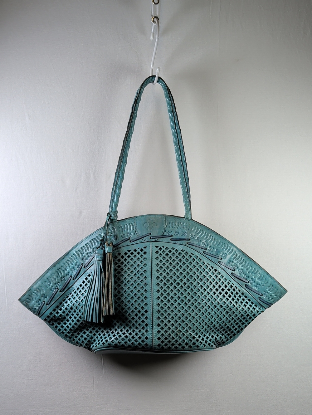 Patricia Nash Trop Dome Perforated Tote Blue Grass with Tassel And Dust Bag